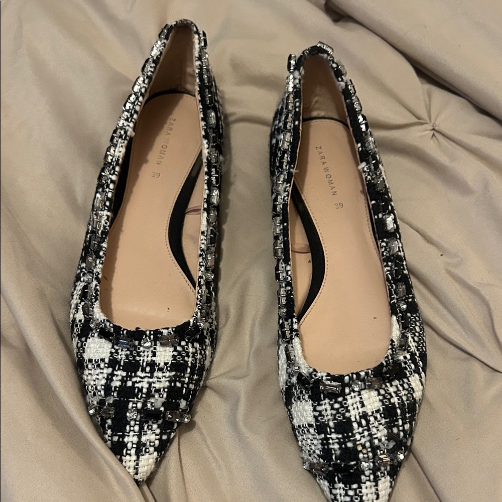 Zara Tweed Black and White Flats